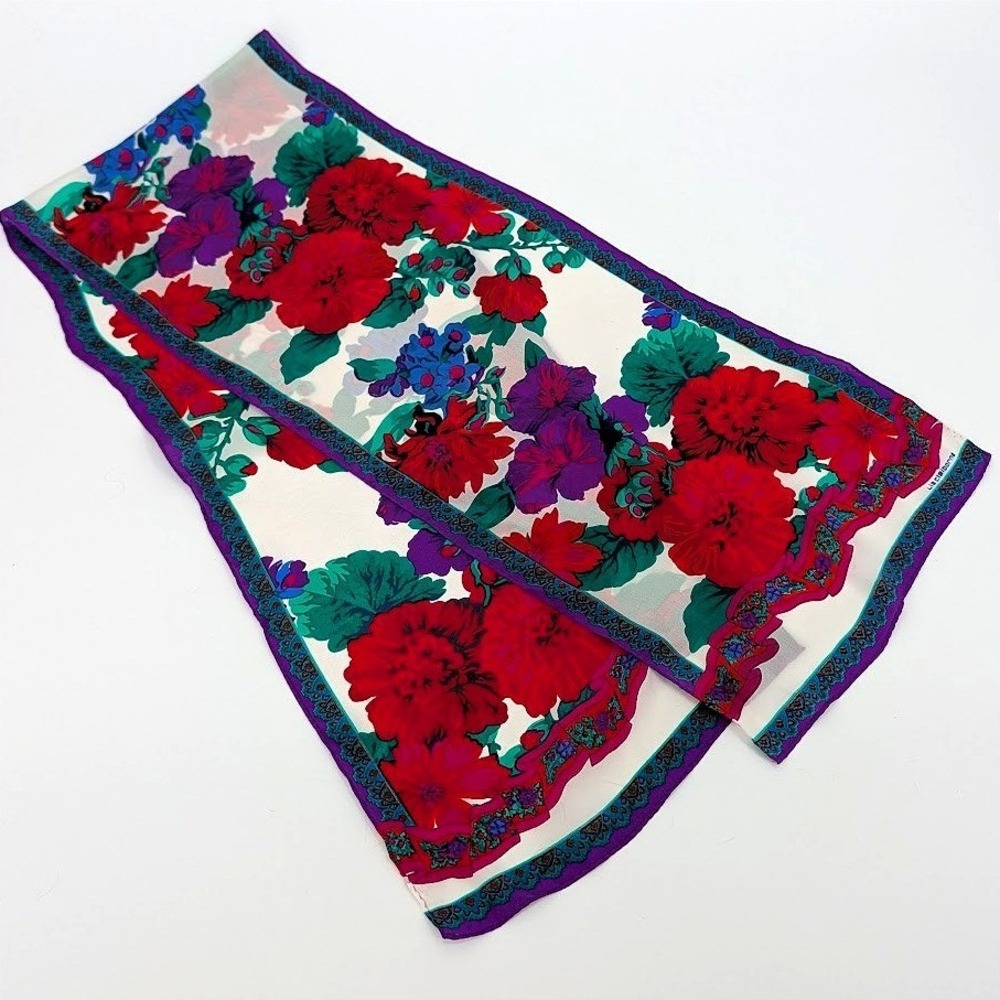 Rare Liz‎ Claiborne Vintage Floral Silk Scarf Red Purple White Paisley Border - Picture 2 of 7